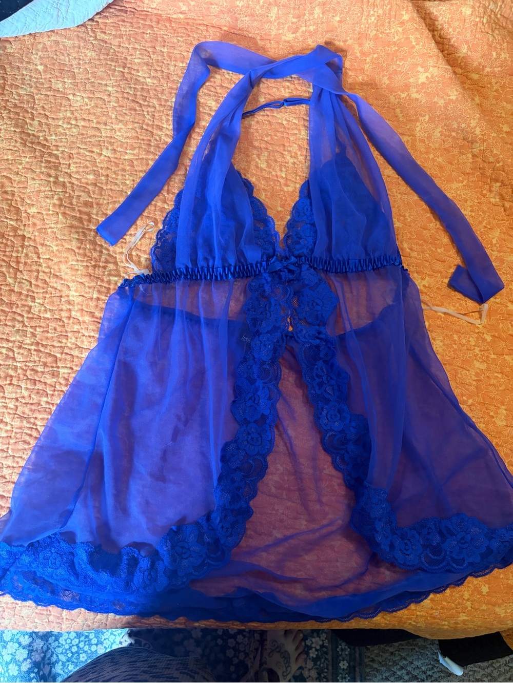 Frederick's of Hollywood Sheer Royal Blue Halter Babydoll
